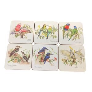 Vintage Cork Back Coasters Set Bird Illustrations Galah Kookaburra Lorikeet